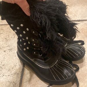 Girls Stuart Weitzman Black Faux Fur-Lined Boots with Rhinestone Accents